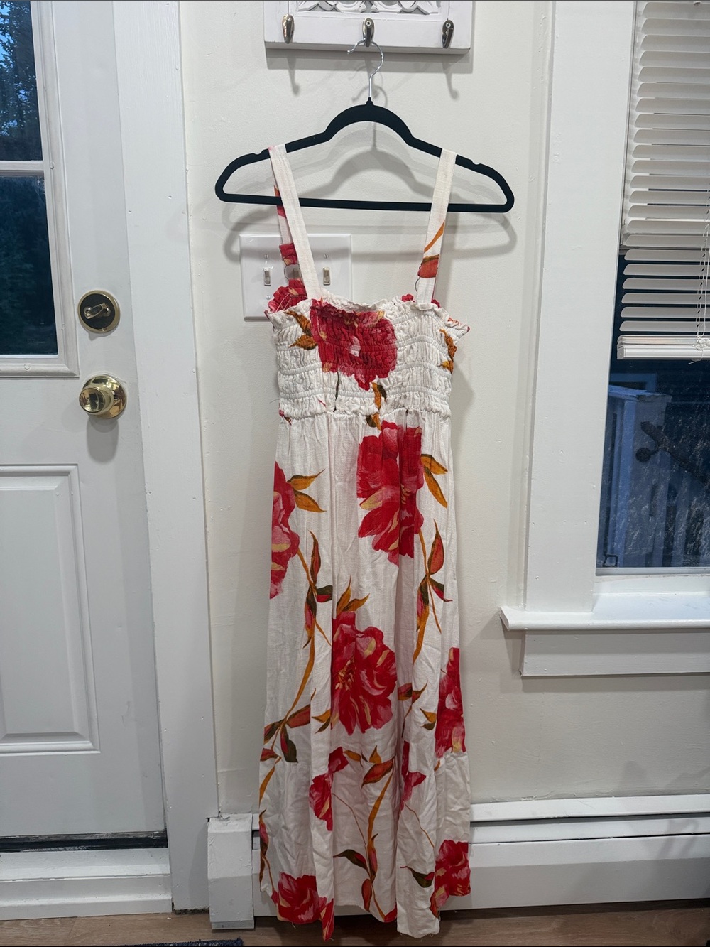 Smocked White Maxi Dress with Red Floral Print